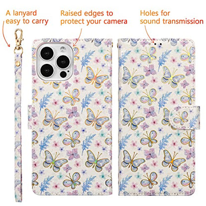 UEEBAI Wallet Case for iPhone 14 Pro, PU Leather Phone Cover Kickstand RFID Blocking Flip Case Card Slots Wrist Strap Relief Engraved Pattern Magnetic Closure Flower Folio Wallet, Butterfly - color: Butterfly, size: iPhone 14 Pro