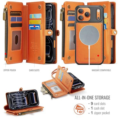 Defencase for iPhone 17 Pro Max Case Wallet Compatible with Magsafe, Orange | Drop-Proof Magnetic Detachable Phone Cases Cover, with RFID Bolcking Card Holder, Zipper Strap, PU Leather, Removable Wallet - color: (Detachable with Magsafe)-Orange