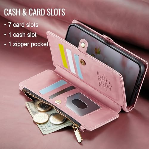 Defencase for iPhone 15 Pro Wallet Case with RFID Card Holder, Rose Pink | Durable Soft PU Leather, with Zipper Pocket, Wrist Strap, Fashion Snap Flip Phone Cases Cover with Stand for Women and Men - color: Pink