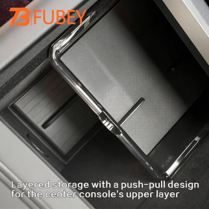 Tesla Model Y Juniper Center Console Organizer Tray 5-Piece Set, 2025 2026 Model Y Armrest Storage Box & Hidden Lower Tray, Secret Privacy Compartment, Non-Slip ABS Insert - Black - style: Storage Box Model Y Juniper