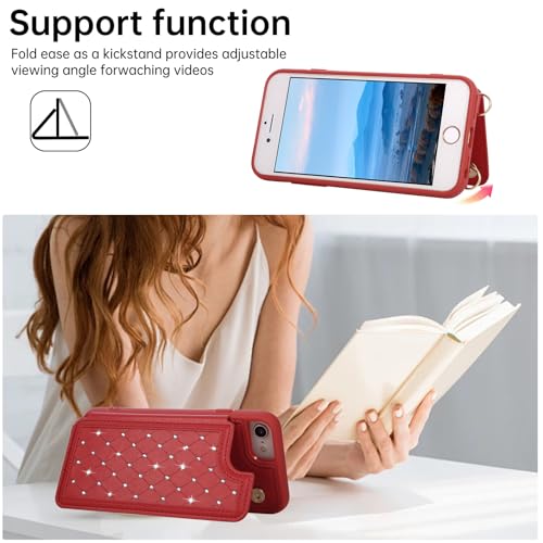 for iPhone 7/8/SE 2022/SE 2020 Wallet Case with Card Holder Slots and Strap, RFID Blocking Magnetic Flip Folio Cover, Crossbody Purse Protection Case with Kickstand,Red Diamond - color: Red Diamond, size: iPhone 7/8/SE 2022/SE 2020(6.6")