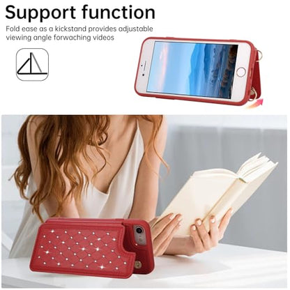 for iPhone 7/8/SE 2022/SE 2020 Wallet Case with Card Holder Slots and Strap, RFID Blocking Magnetic Flip Folio Cover, Crossbody Purse Protection Case with Kickstand,Red Diamond - color: Red Diamond, size: iPhone 7/8/SE 2022/SE 2020(6.6")