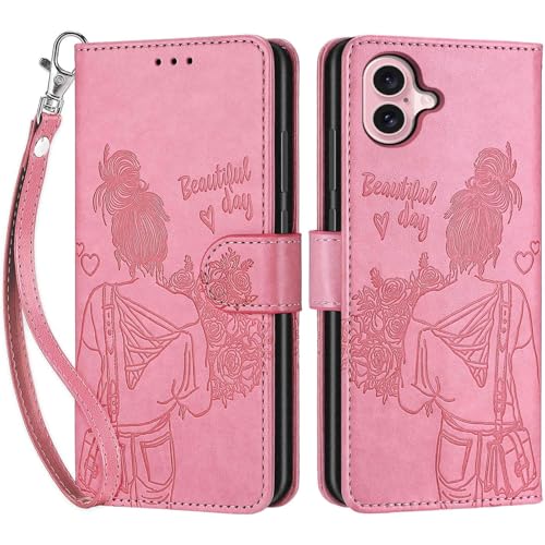 Wallet Case for iPhone 16, Pink Girl | Women Flip Folio Cover, Embossed PU Leather, Stand, Credit Card Holders Slots, Wrist Strap - color: 9