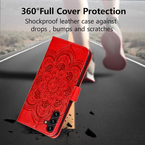 EYZUTAK Case for Samsung Galaxy A17 5G/A26 5G, Premium Leather Magnetic Closure Flip Wallet Phone Case with Card Holder Cash Slots Kickstand Embossed Mandala Flower Shockproof Lanyard Cover - Red - color: Red, size: Samsung Galaxy A17 5G/A26 5G