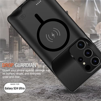 Wireless Charging Case for Galaxy S24 Ultra, Upgraded 12000mAh Rechargeable Portable Charging Case Compatible with Galaxy S24 Ultra (6.8 inch) with Carplay Extended Battery Pack Charger Case (Black) - size: Galaxy S24 Ultra-12000mAh