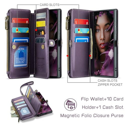 Defencase for Samsung Galaxy S25 Ultra Wallet Case with Card Holder, Purple | with RFID Blocking Zipper Pocket, Durable PU Leather, Wrist Strap, S25 Ultra Flip Phone Cases Cover with Stand for Women Men - color: Aesthetic Purple