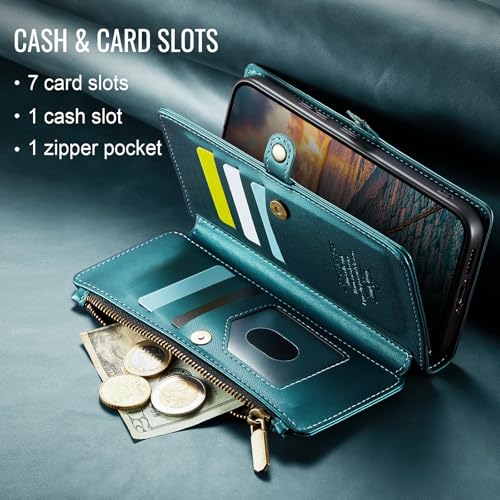 Defencase for Samsung Galaxy S25 Wallet Case with RFID Card Holder, Green | Durable Soft PU Leather, with Zipper Pocket, Wrist Strap, Fashion Snap Flip S25 Phone Cases Cover with Stand for Women Men - color: Blue Green