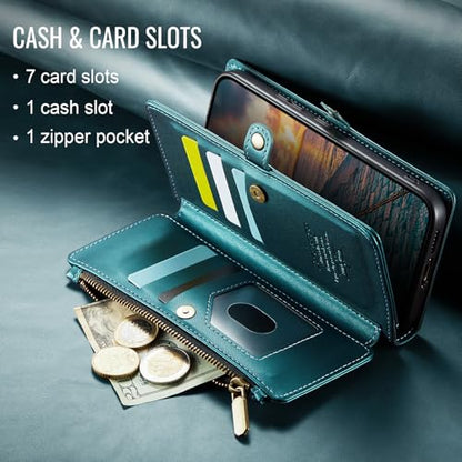 Defencase for Samsung Galaxy S25 Wallet Case with RFID Card Holder, Green | Durable Soft PU Leather, with Zipper Pocket, Wrist Strap, Fashion Snap Flip S25 Phone Cases Cover with Stand for Women Men - color: Blue Green