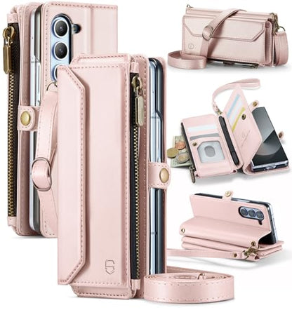 Strapurs Crossbody Wallet Case Compatible with Samsung Galaxy Z Fold 6 with RFID Blocking Card Holder & Pen Holder Slot Soft PU Leather Shoulder Strap Zipper Pocket Purse Fold 6 Phone Case, Rose Gold | RFID Blocking 5-Card Holder, Shoulder Lanyard, Wirst
