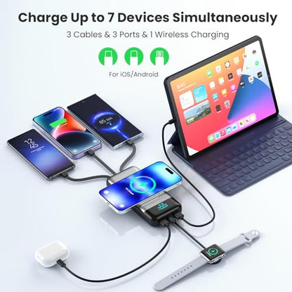 Wireless Portable Charger 40800mAh with 3 Built-in Cables,7-in-1 15W Wireless Charging Power Bank,25W PD QC 4.0 Fast Charging USB C Travel Essentials Battery Pack for iPhone 17/16/15/14,Galaxy,Android