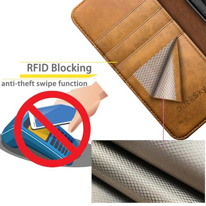 DuckSky Compatible with iPhone 17 Pro Max 6.9" Genuine Leather Wallet case【RFID Blocking】【4 Credit Card Holder】【Real Leather】 Flip Phone case Cover Women Men for Apple 17 Pro Max case Khaki - color: Khaki