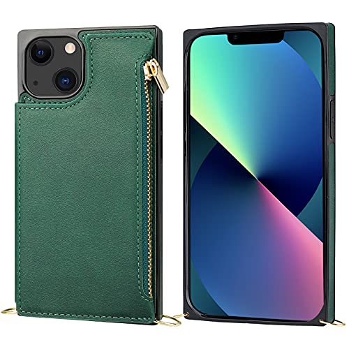 Bocasal Crossbody Wallet Case with Strap for iPhone 13/14, Green | RFID Blocking Card Slot Holder, Magnetic Flip Folio Purse Case, PU Leather Zipper Handbag Detachable Lanyard Strap 6.1 Inch - color: Green