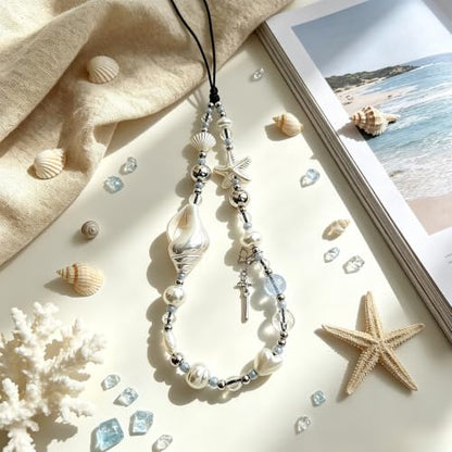 Cute Beaded Camera Wrist Strap for Phone, Digital Camera Charm Lanyard, Pearl Beaded Chain for Bag Keychain Gift - color: White Conch