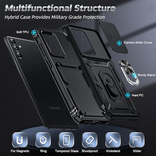 LeYi for Samsung Galaxy A13-5G Phone Case: with Slide Camera Cover | Heavy Duty Military Grade Shockproof Android Mobile Hard Cover Magnetic Ring Stand Samsung A 13 Unlocked, Black - color: TC Black, size: A13 5G 6.5inch