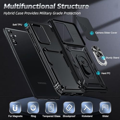 LeYi for Samsung Galaxy A13-5G Phone Case: with Slide Camera Cover | Heavy Duty Military Grade Shockproof Android Mobile Hard Cover Magnetic Ring Stand Samsung A 13 Unlocked, Black - color: TC Black, size: A13 5G 6.5inch