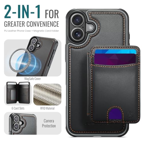 WJX for iPhone 16 MagSafe Wallet Case, 2-in-1 Detachable Luxury Card Holder, Universal MagSafe Compatible, RFID Blocking, Shockproof Kickstand Slim Cover， Black - color: Black, size: iPone 16
