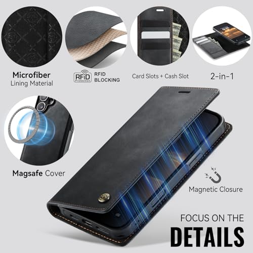Kowauri Case for iPhone 17, PU Leather Wallet Flip Case with Card Holder RFID Blocking, Magnetic Detachable Shockproof Phone Cover Wireless Charging Compatible for iPhone 17 (6.3 inch), Black - color: Black