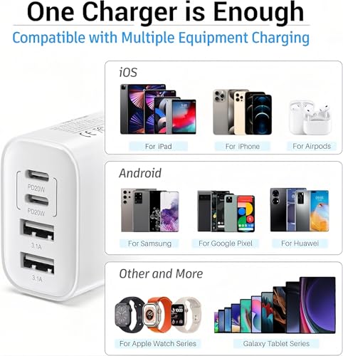 TT&C USB C Charger Block, 40W 4 Ports Wall Charger for iPhone 17,16,15,14 - color: White 1Pack