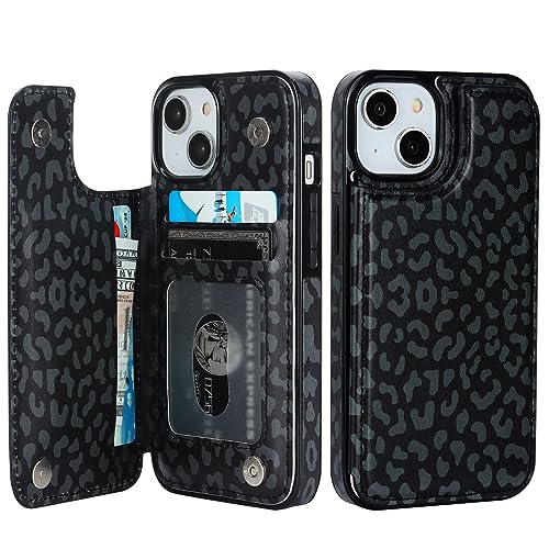 HAOPINSH for iPhone 13/14 Wallet Case with Card Holder, Black Leopard Cheetah Pattern Back Flip Case PU Leather Kickstand Card Slots Case for Women Girls, Double Magnetic Clasp Cover 6.1" - color: Black Leopard
