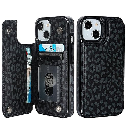 HAOPINSH for iPhone 13/14 Wallet Case with Card Holder, Black Leopard Cheetah Pattern Back Flip Case PU Leather Kickstand Card Slots Case for Women Girls, Double Magnetic Clasp Cover 6.1" - color: Black Leopard