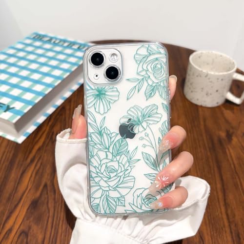 NITITOP Compatible for iPhone 17 Case Cute Clear Floral Flower - Green | for Girls Women , Girly , Aesthetic , Soft TPU , Full Camera Lens , Protective , Shockproof Phone Cover - color: Teal