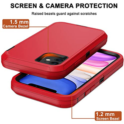 for iPhone 11 Case with Belt Clip Holster, 2 x Screen Protector, [Military Grade] Heavy Duty Full Body Shockproof Dust-Proof Drop Proof Rugged Protective Cover for Apple iPhone 11 Red - color: Red