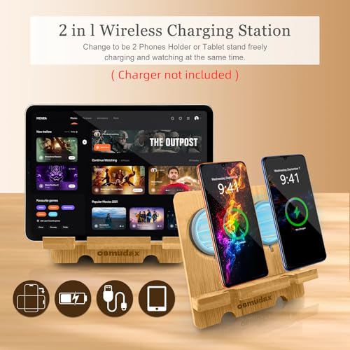 Bamboo Dual Cell Phone Holder for iPhone/iPad, Wood Wireless Charging Station Tablet Holder Nightstand, Double Phone Holder Desktop Stand for iPhone 18/17/16/15/14/13/12/11 and Android