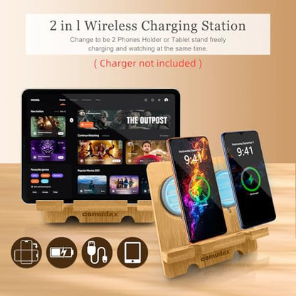 Bamboo Dual Cell Phone Holder for iPhone/iPad, Wood Wireless Charging Station Tablet Holder Nightstand, Double Phone Holder Desktop Stand for iPhone 18/17/16/15/14/13/12/11 and Android