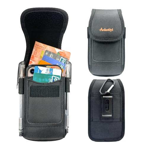 Phone Holster, Nylon Belt Clip Pouch with Hook & Loop Closure, Outer & Inner Card Slots Compatible with iPhone 15 16 17 Pro Max Plus Samsung 6.5-6.8 Inch Phone