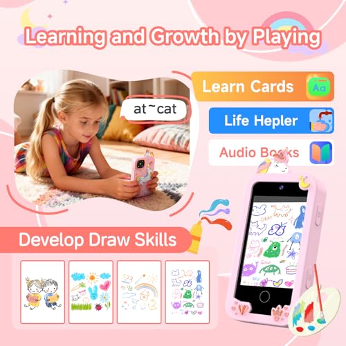 Kids Phone Toys for Girls Age 3 4 5 6 7 8 9, Touchscreen Dual Camera Toddler Learning Play Phone Christmas Birthday Gifts for Kids Age 3-9 with Music Player, Games - color: Frost White