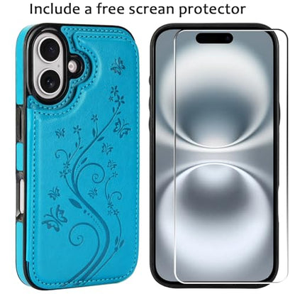Wallet Case Compatible with iPhone 16 6.1”, Slim Protective Case with Card Holder,Premium PU Leather Kickstand Card Slots Case with Double Magnetic Clasp-Blue - color: Blue-F, size: iphone 16 6.1"