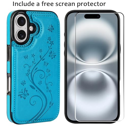 Wallet Case Compatible with iPhone 16 Plus 6.7”, Slim Protective Case with Card Holder,Premium PU Leather Kickstand Card Slots Case with Double Magnetic Clasp-Blue - color: Blue-F, size: iphone 16 Plus 6.7"