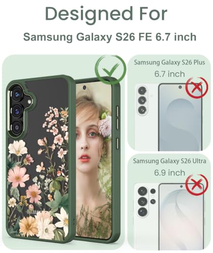 Crystal Clear Flower Pattern Case for Samsung Galaxy S26 FE-Green | Girl Women Slim Soft TPU + Hard PC Military Grade Protective Phone Cover WithTempered Glass Screen Protector for S26 FE - color: S26 FE-Dark Green