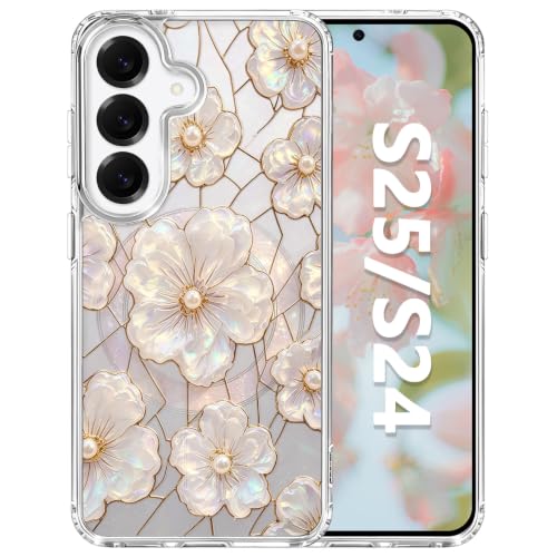 for Samsung Galaxy S24/S25 Magnetic Case【Compatible with MagSafe】 Aesthetic Oil Painting Stained Glass Flower Design, Slim Fit Hard PC Back Shockproof Cute Clear Phone Cover, Light Pink - color: Light Pink, size: Galaxy S25/S24