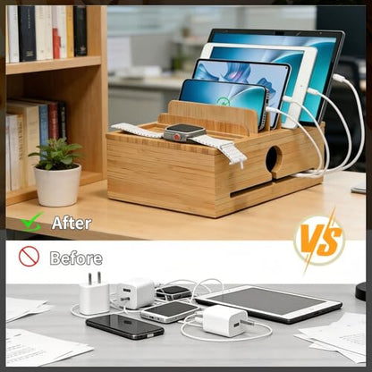 Bamboo Charging Station Organizer for Multiple Devices with 5 Cables