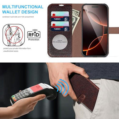 Leather Wallet Case for iPhone 16 Pro Max, Speckled Dark Brown | Genuine Leather, Magnetic Detachable, 2-in-1 Flip Folio, RFID Blocking, Wireless Charging - color: Speckled Dark Brown, size: 16 Pro Max 6.9‘’