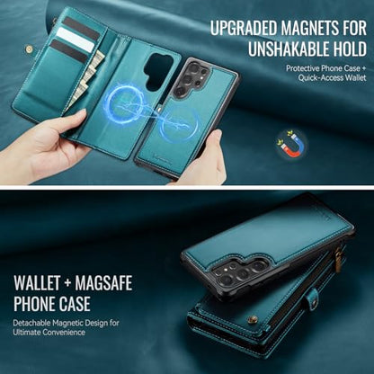 Defencase for Galaxy S24 Ultra Case Wallet Compatible with Magsafe, Green | Magnetic Detachable, RFID Bolcking Card Holder, Zipper Strap, PU Leather Drop-Proof Phone Cover for Samsung Galaxy S24 Ultra - color: (Detachable with Magsafe)-Blue Green