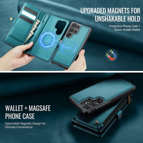 Defencase for Galaxy S25 Ultra Case Wallet Compatible with Magsafe, Green | Magnetic Detachable, RFID Bolcking Card Holder, Zipper Strap, PU Leather Drop-Proof Phone Cover for Samsung Galaxy S25 Ultra - color: (Detachable with Magsafe)-Blue Green
