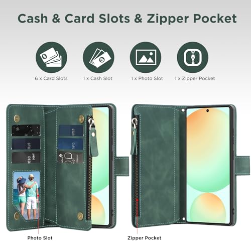 for Samsung Galaxy S24-FE-Wallet Case: with RFID Blocking Card Slots (6 Cards) | Soft PU Leather Magnetic Snap Zipper Pocket | Crossbody Wrist Strap Protective Phone Cover - Green - color: Green, size: Galaxy S24 FE（6.7‘’）