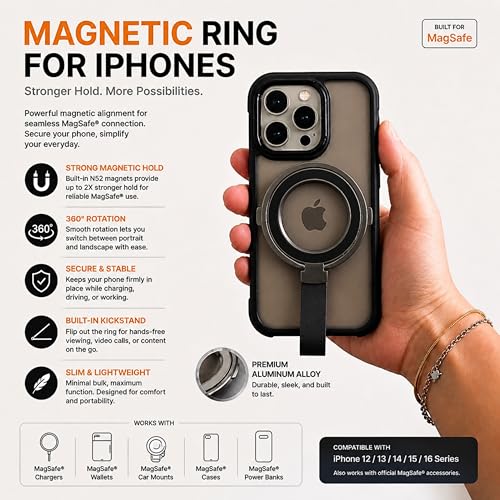 Magnetic Phone Grip Holder for MagSafe, 360° Rotating Ring Stand Kickstand with Silicone Finger Strap, Strong Magnetic Phone Holder for iPhone 17/16/15/14/13/12 & Android (Black) - color: Black
