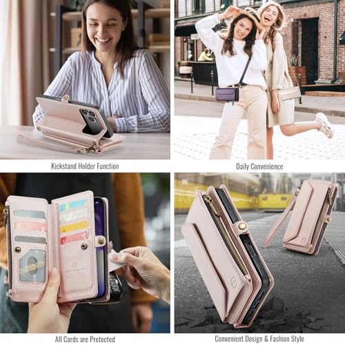 Strapurs for iPhone 17 Pro Max - Zipper Strap Wallet Case Women, Rose Gold | RFID Blocking 10-Card Holder, Shoulder Lanyard, Wirst Strap, Zipper Pocket, Magnetic Snap, Soft PU Leather, Phone Flip Cover - color: Rose Gold, size: iPhone 17 Pro Max - 6.9"