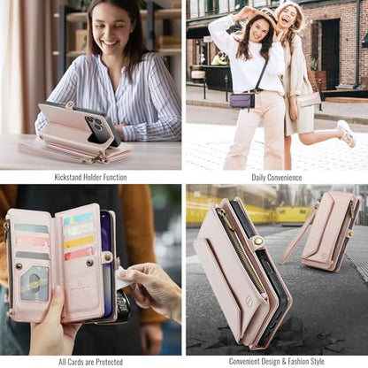 Strapurs for iPhone 17 Pro Max - Zipper Strap Wallet Case Women, Rose Gold | RFID Blocking 10-Card Holder, Shoulder Lanyard, Wirst Strap, Zipper Pocket, Magnetic Snap, Soft PU Leather, Phone Flip Cover - color: Rose Gold, size: iPhone 17 Pro Max - 6.9"