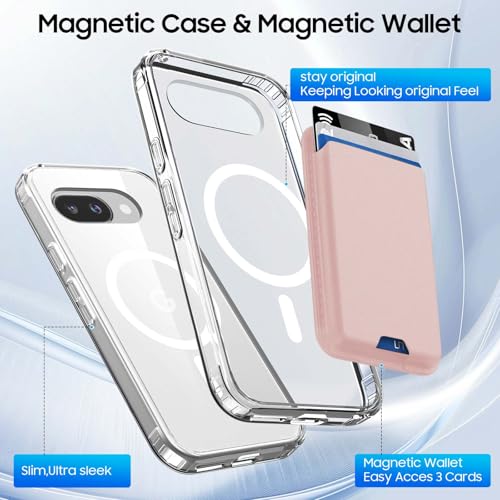 Magnetic for Google Pixel 9A Wallet Case with Card Holder﻿ | Compatible with MagSafe, Shockproof Phone Cover with Detachable RFID Blocking Card Slot, Clear & Pink - color: Clear with Pink, size: Pixel 9A