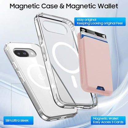 Magnetic for Google Pixel 9A Wallet Case with Card Holder﻿ | Compatible with MagSafe, Shockproof Phone Cover with Detachable RFID Blocking Card Slot, Clear & Pink - color: Clear with Pink, size: Pixel 9A