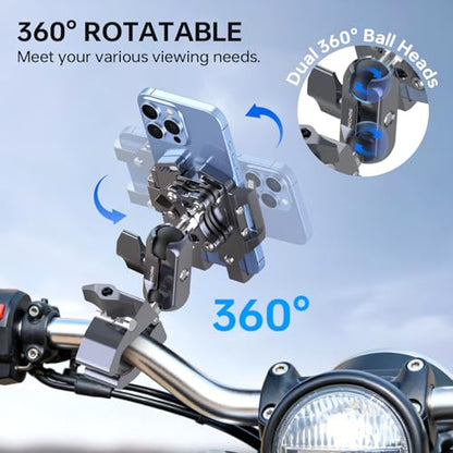 Motorcycle Phone Mount, CNC Aluminum Alloy Bike Phone Holder with Vibration Dampener & Dual 360° Ball Head, One-Click Lock Handlebar Clamp for iPhone 17 16 Pro Max Samsung (Mount002)