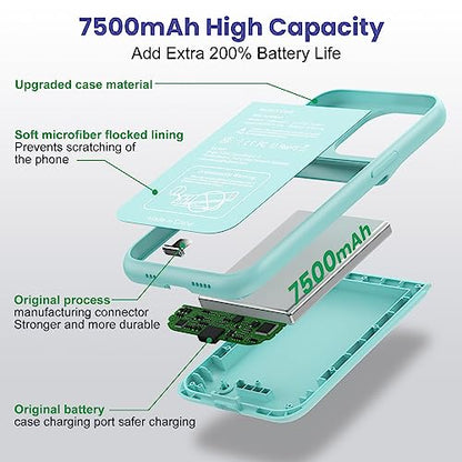 Battery Case for iPhone 14/13/13 Pro (6.1 Inch),Upgraded 7500mAh Ultra-Slim Portable Charging Case Rechargeable Protective Extended Battery Pack for iPhone 14/13/13 Pro Charger Cover-Green - color: Green