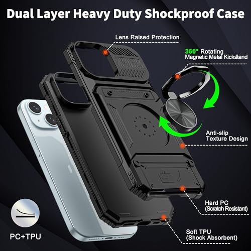 Vofolen for iPhone 15 Wallet Case with Card Holder [Store 2 Cards] Black | 360°Magnetic Rotated Ring Stand Dual Layer Heavy Duty Shockproof Drop Protection Wallet Phone Case for iPhone 15-6.1'' Black - color: Black