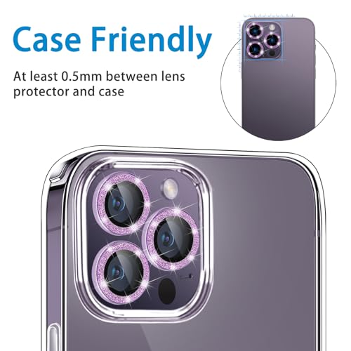 Compatible with iPhone 14 Pro and 14 Pro Max Camera Lens Protector, Bling Glitter Lens Cover 9H Tempered Glass Camera Cover Anti Scratch Lens Screen Protector - 3PCS Deep Purple - color: Glitter Deep Purple