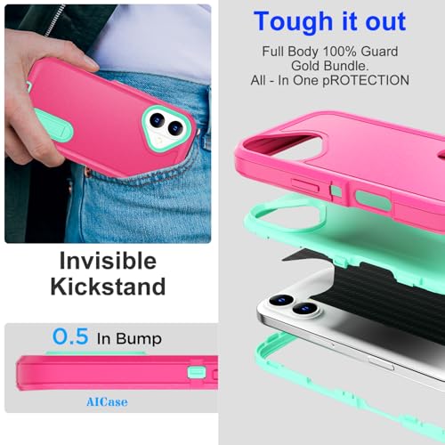 AICase for iPhone 16 Case with Built-in Stand,Tripe Layer Heavy Duty Drop Protection Full Body Rugged Shockproof Military Protective Tough Durable Phone Cover for iphone16 6.1"_2 - color: Hot Pink/Blue with Built-in Stand