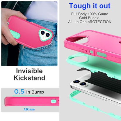 AICase for iPhone 16 Case with Built-in Stand,Tripe Layer Heavy Duty Drop Protection Full Body Rugged Shockproof Military Protective Tough Durable Phone Cover for iphone16 6.1"_2 - color: Hot Pink/Blue with Built-in Stand